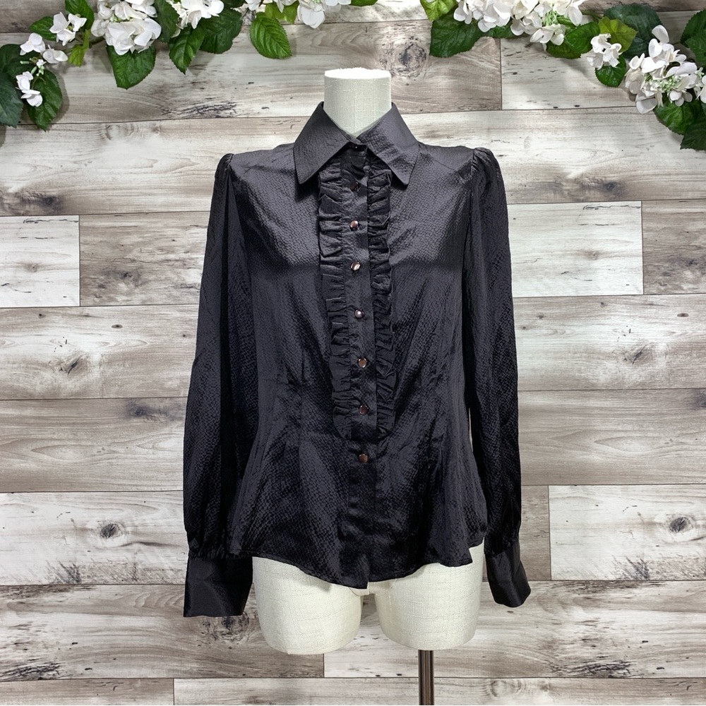 ETCETERA 100% silk Victorian black long sleeve button down blouse top size 6